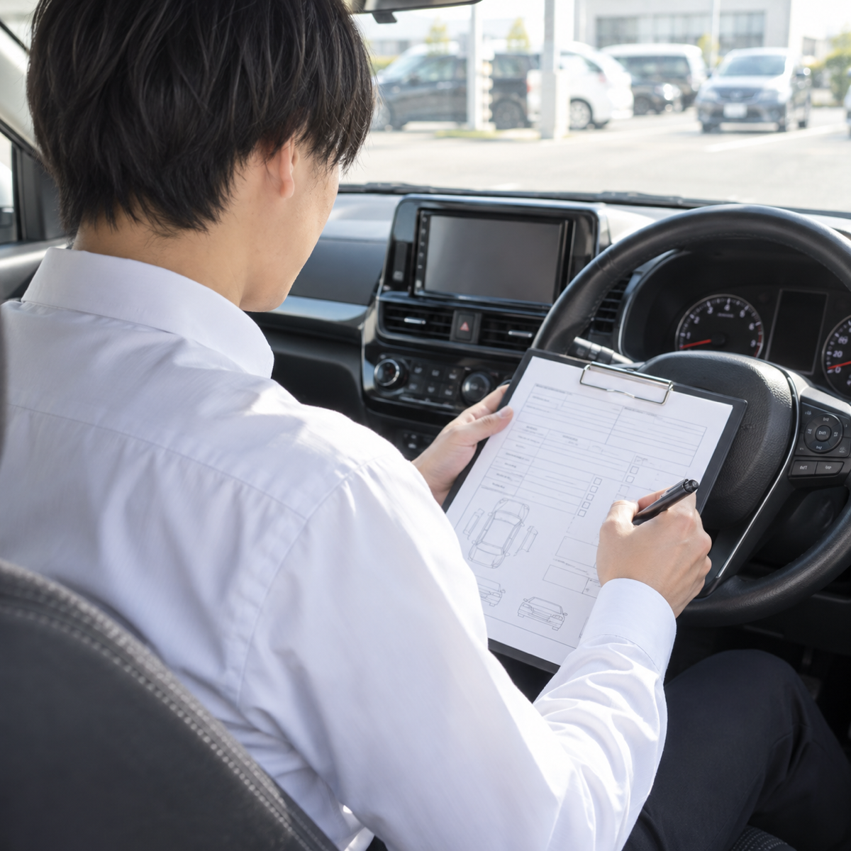 相続した車の車検証や車の状態を確認する査定スタッフ