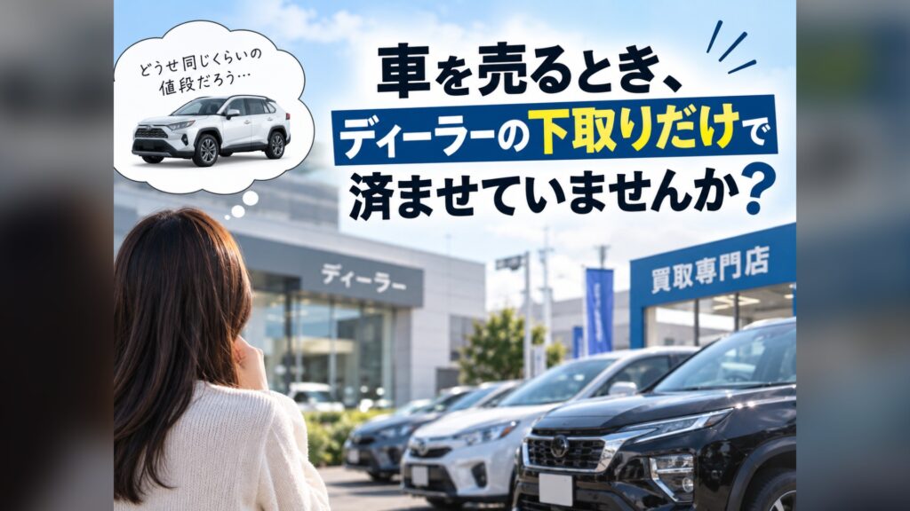 ディーラーの下取りだけで済ませていないか問いかける、ディーラーと買取専門店を比べる女性のイメージ