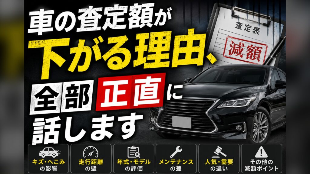 車の査定額が下がる理由（キズ・へこみ、走行距離、年式・モデル、メンテナンスなど）を解説する記事のアイキャッチ画像