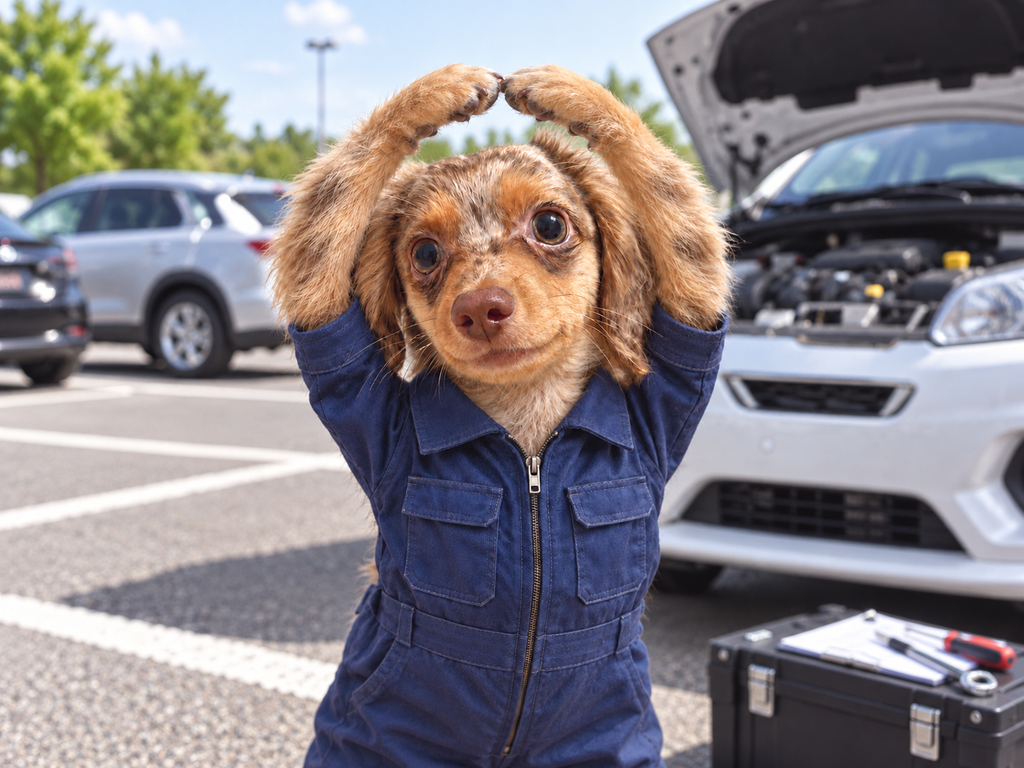 作業着姿の犬のキャラクターとボンネットを開けた車